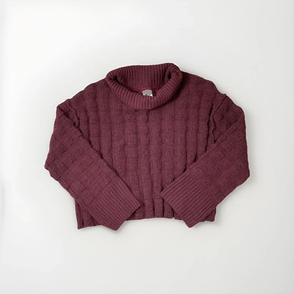 Free People Care Soul Searcher Mock Neck Sweater Maroon Waffle Knit Turtleneck S